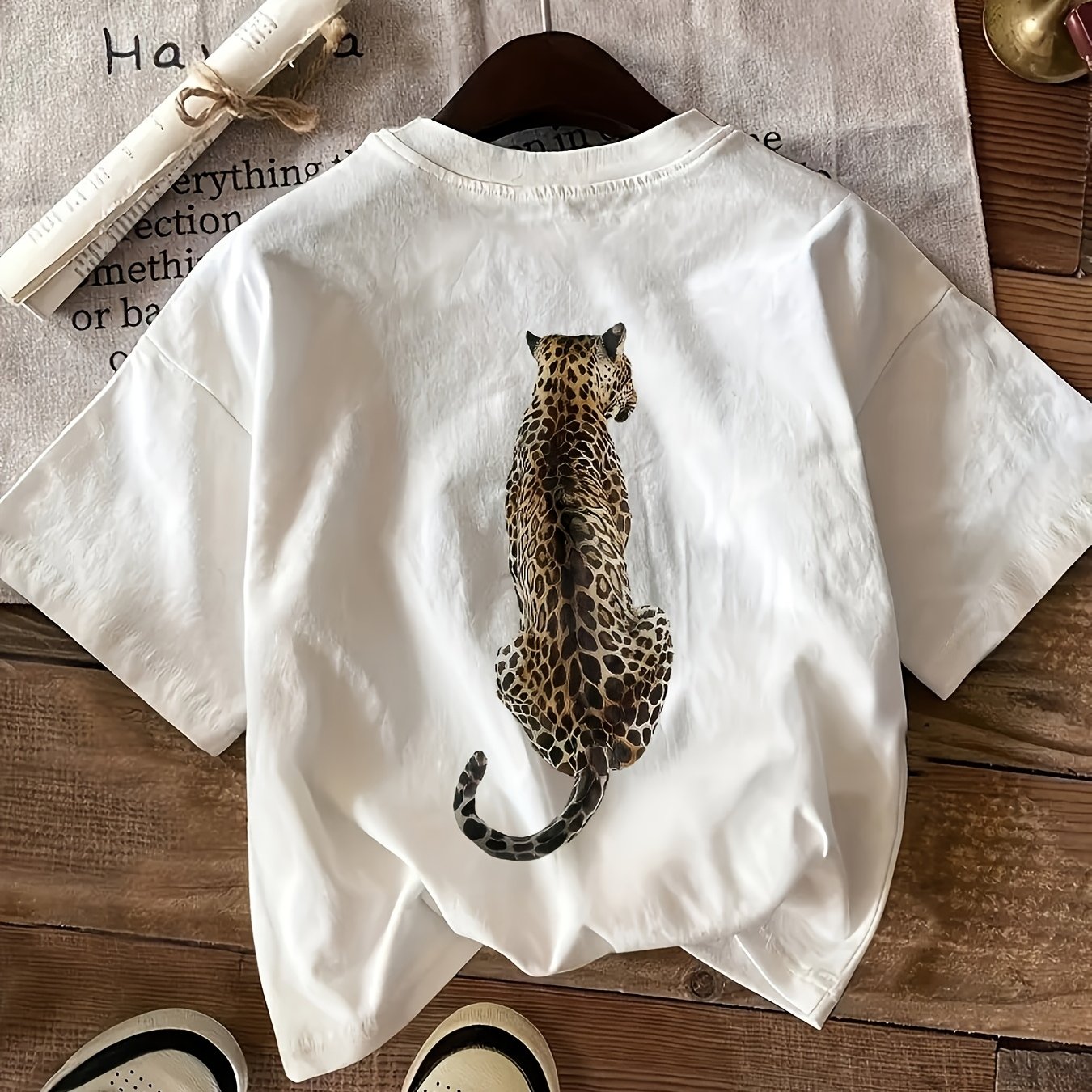 E-shop Leopardmuster Rundhals T-Shirt, Lässiges Sportliches Damen Kurzarmshirt