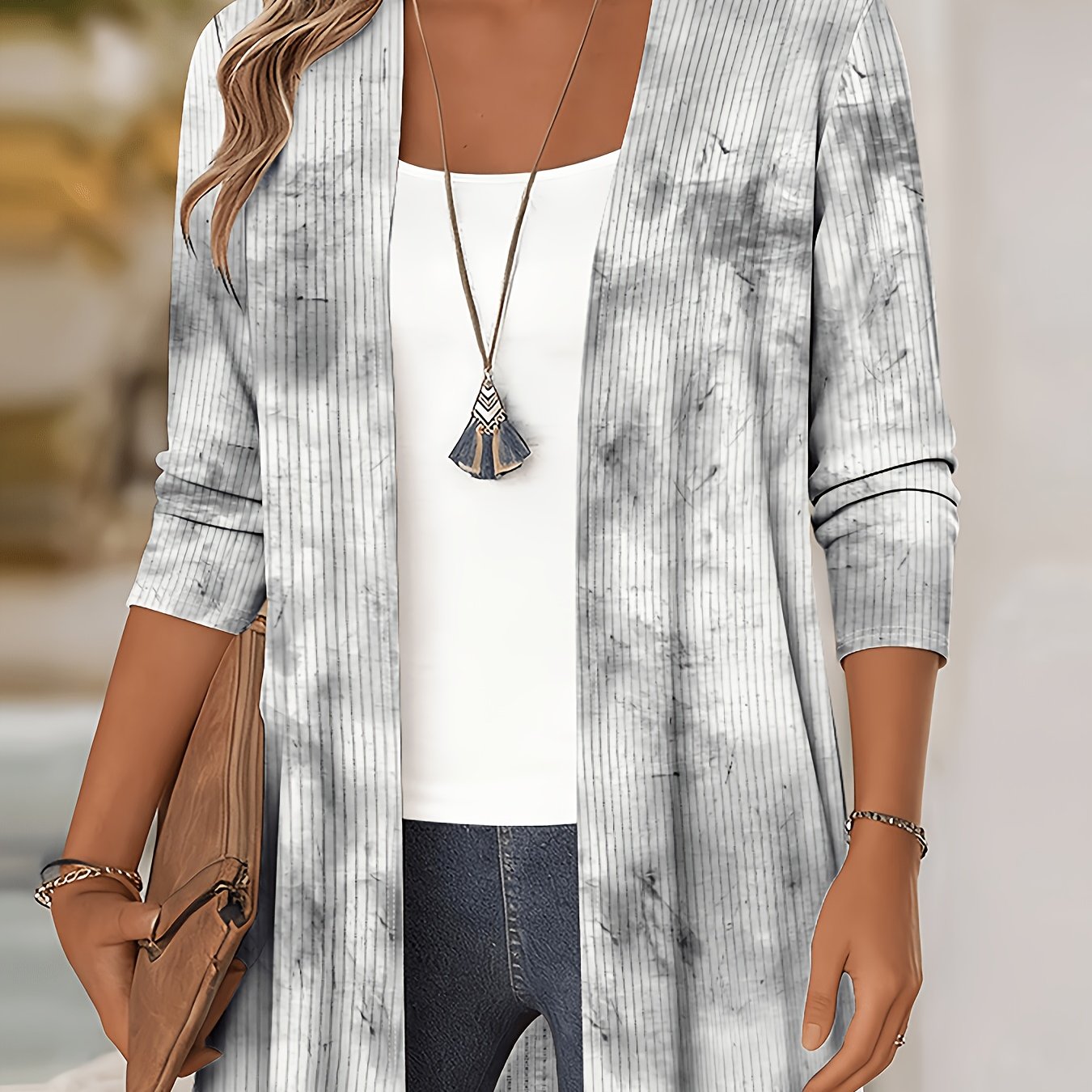 TEMU Printed Design â Not Textured Women's Elegant Printed Cardigan - Long Sleeve Casual Jacket, Pattern, Ink-washed Gray- , Soft And Skin-friendly