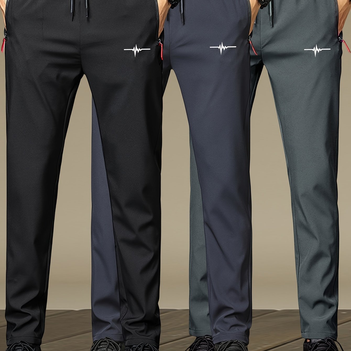 Image of 3pcs Men's Casual Pants, Fashionable Print, Lightweight Summer Style, Quick-dry Breathable Running Training Pants, Drawstring Regular Fit Solid Color, Ideal Holiday Gift For Men