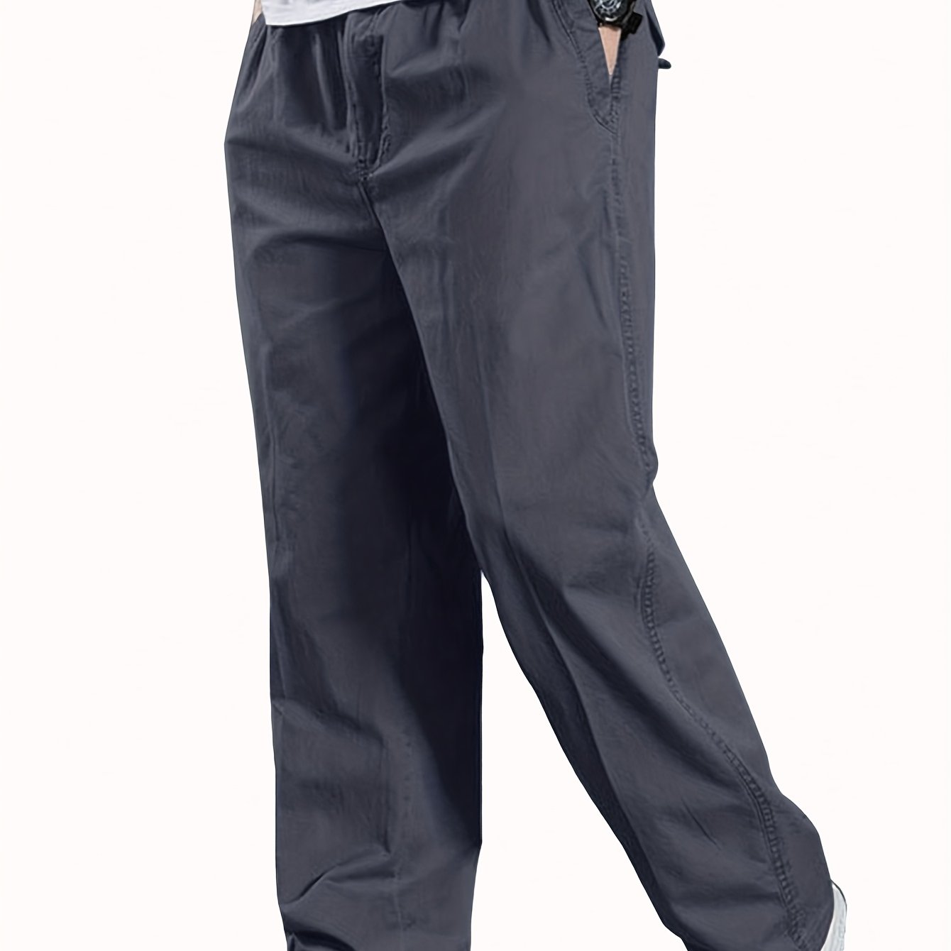 100% Casual Pants, Solid Color Classic Cargo Pants, Elastic Drawstring Waist For A , Suitable For Spring And Autumn