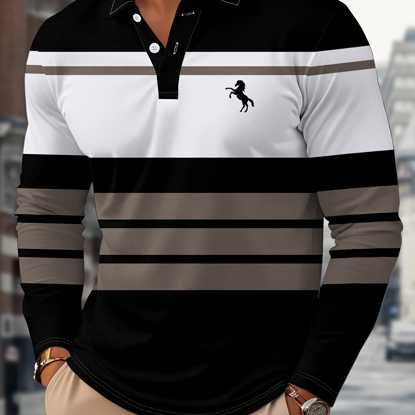 Men's Long Sleeve Shirt, Casual 3d Print Golf Shirt With Black, Gray, And White Featuring A Horse Pattern, Sporty Style, Men's Long Sleeve Shirt