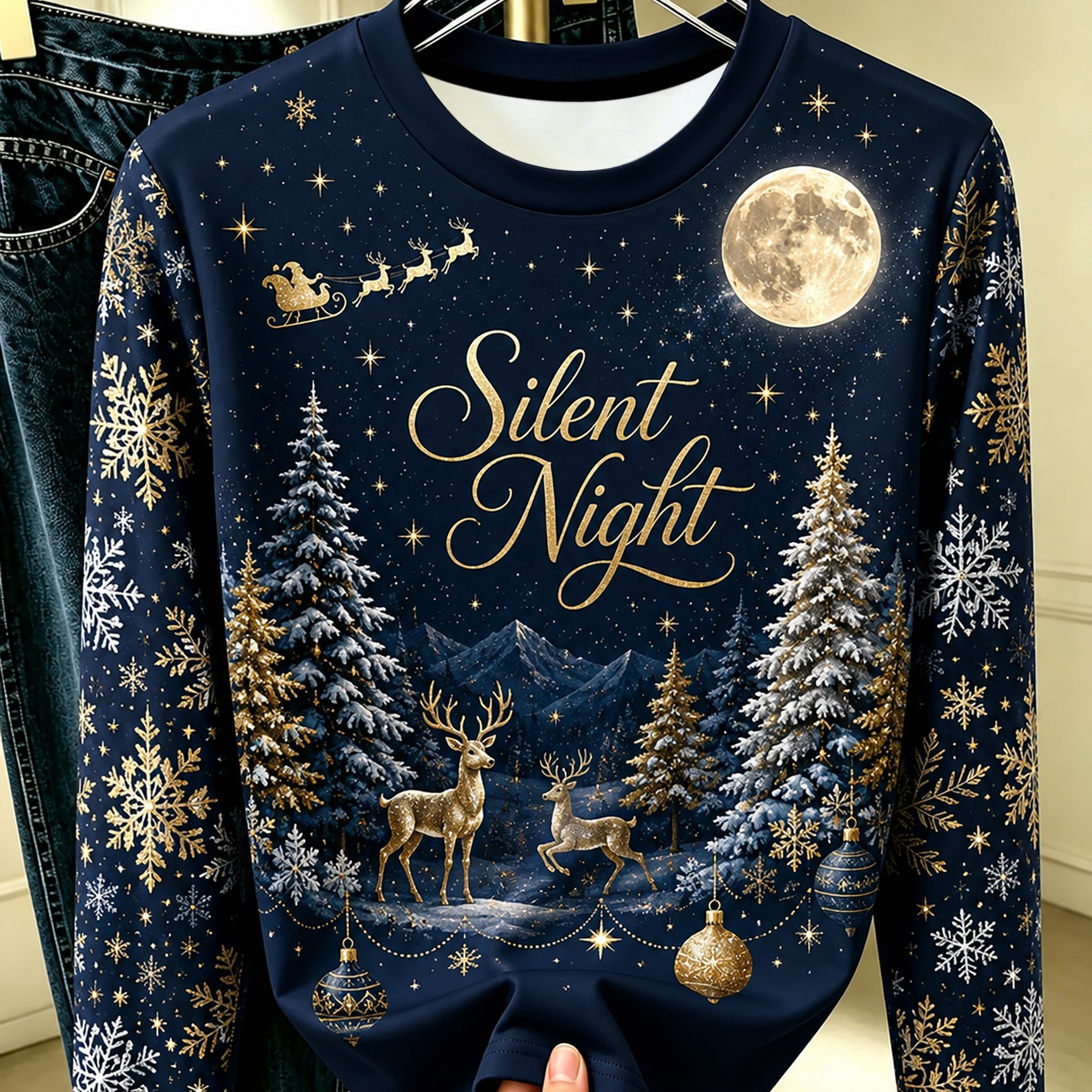 TEMU Elegant Women's Long-sleeve Round Neck Base Layer Top With Christmas Starry Sky, Reindeer, And Snowflake Print. A Comfortable, Simple, And
