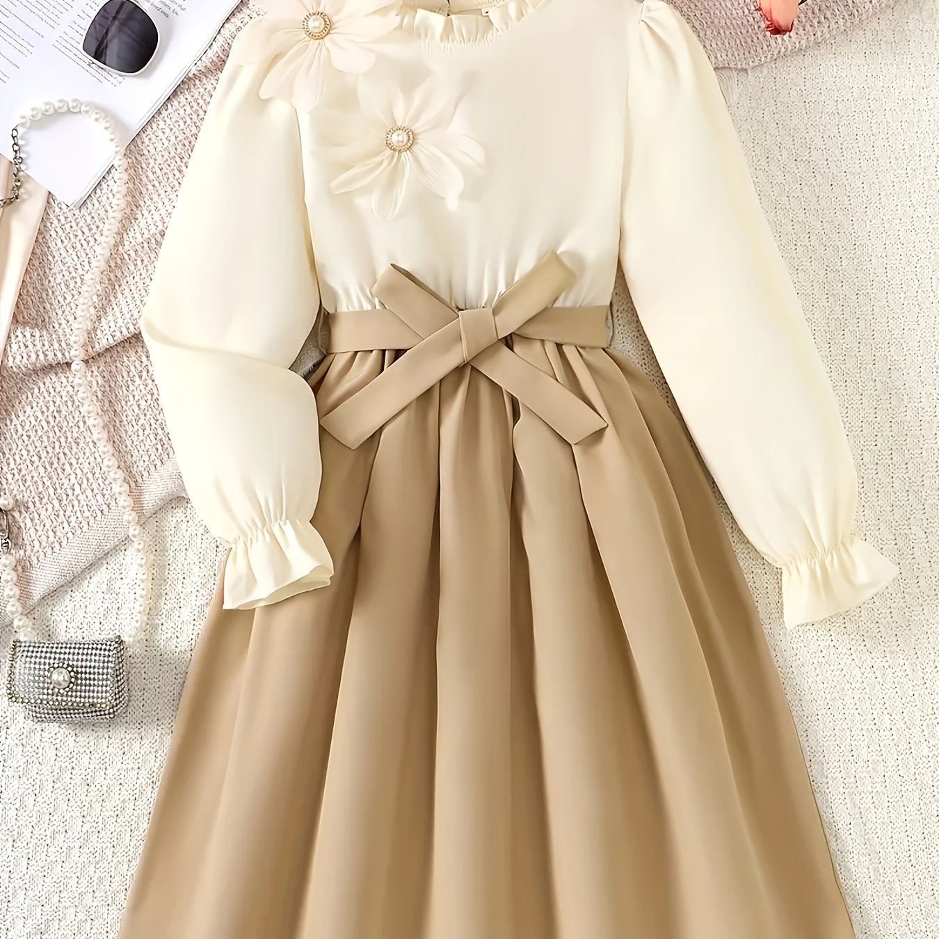 Image of Girl's Dress, 3d Beaded Lace With Ruffle Neckline Long Sleeve Elegant Autumn Umbrella Skirt, Perfect For Daily Wear And Parties, Ideal Gift For Girls