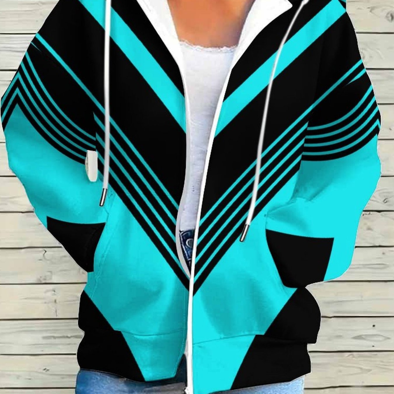 Spring And Autumn Loose-fitting Hooded Zipper Jacket With Colorful Geometric Pattern Printing, Casual, Comfortable, And Versatile Top For Shopping
