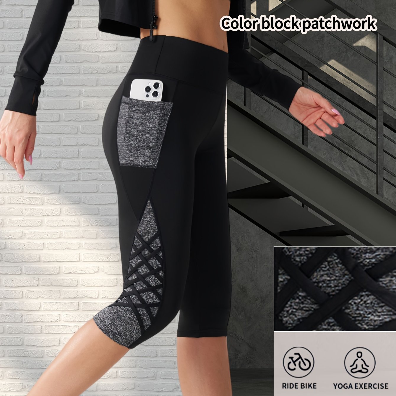 TEMU 1pc -elastic Color-block , Regular Side Cross Straps, Wide Waist Belt High-waist Tight Shaping Shorts With Pocket, Casual Wear