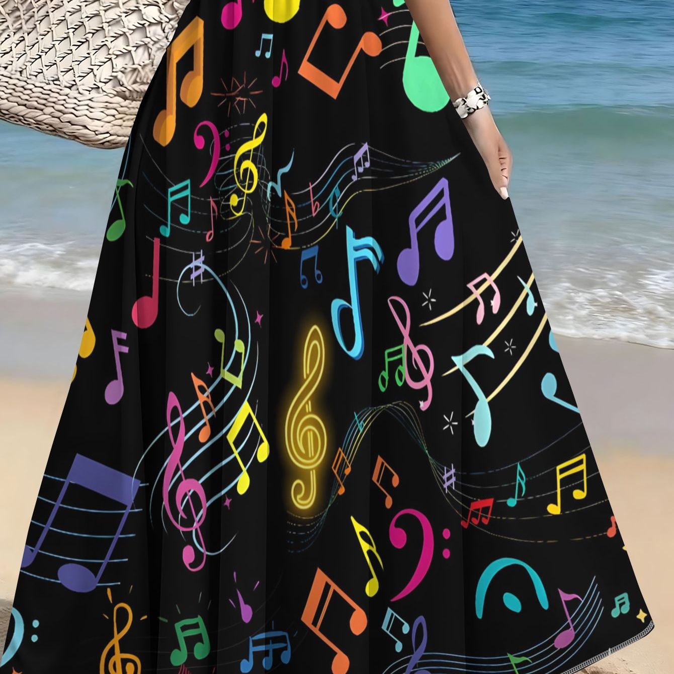 TEMU Summer Women's Clothing, A Arrangement Of Colorful Musical Notes On A Black Background, Printed Elegant Skirt For Women