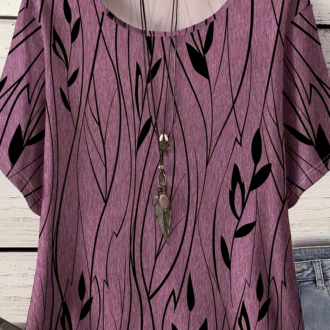 TEMU Casual Leaf Pattern Short Sleeve Elegant Fashion Daily Versatile Women's T-shirt Top
