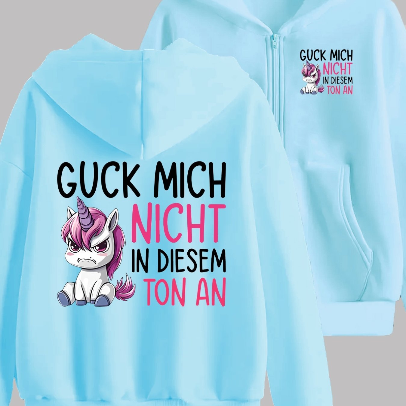 Image of Cartoon Unicorn Pattern With Text Mich Nicht In Diesem Ton An Front And Back 2 Patterns Printed - Y2k Zip-up Hoodie - Fashionable And Comfortable Jacket - Casual Sportswear Suitable For