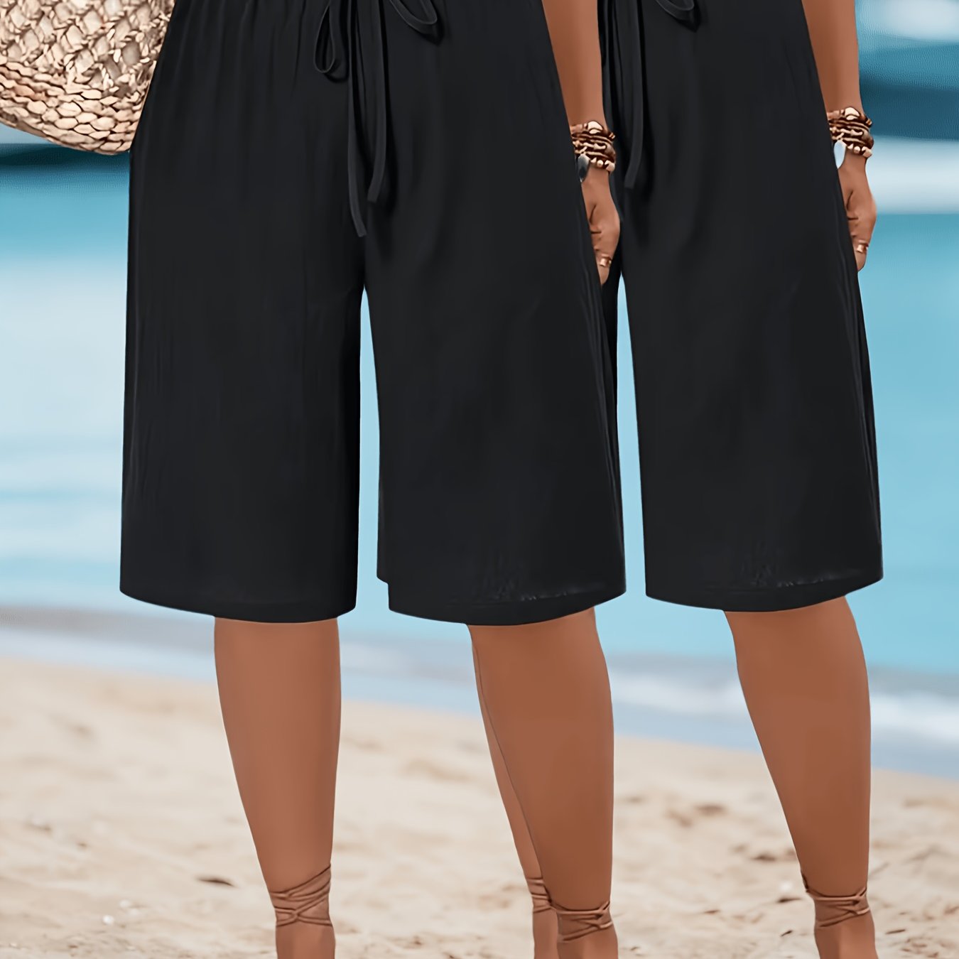 TEMU Plus Size Women's Clothing 2pcs Set, -leg Culottes, Loose Fake Drawstring, Mm Comfortable And Outdoor Casual Sports Five-point Pants