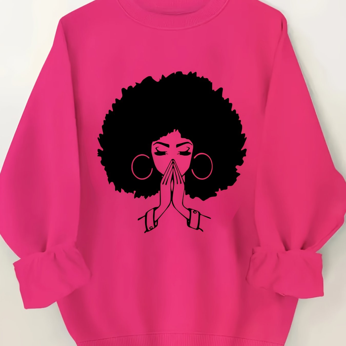 TEMU Women's Casual Polyester Sweatshirt With Afro-haired Girl , Crew Neck, Knitted Fabric For Fall/winter