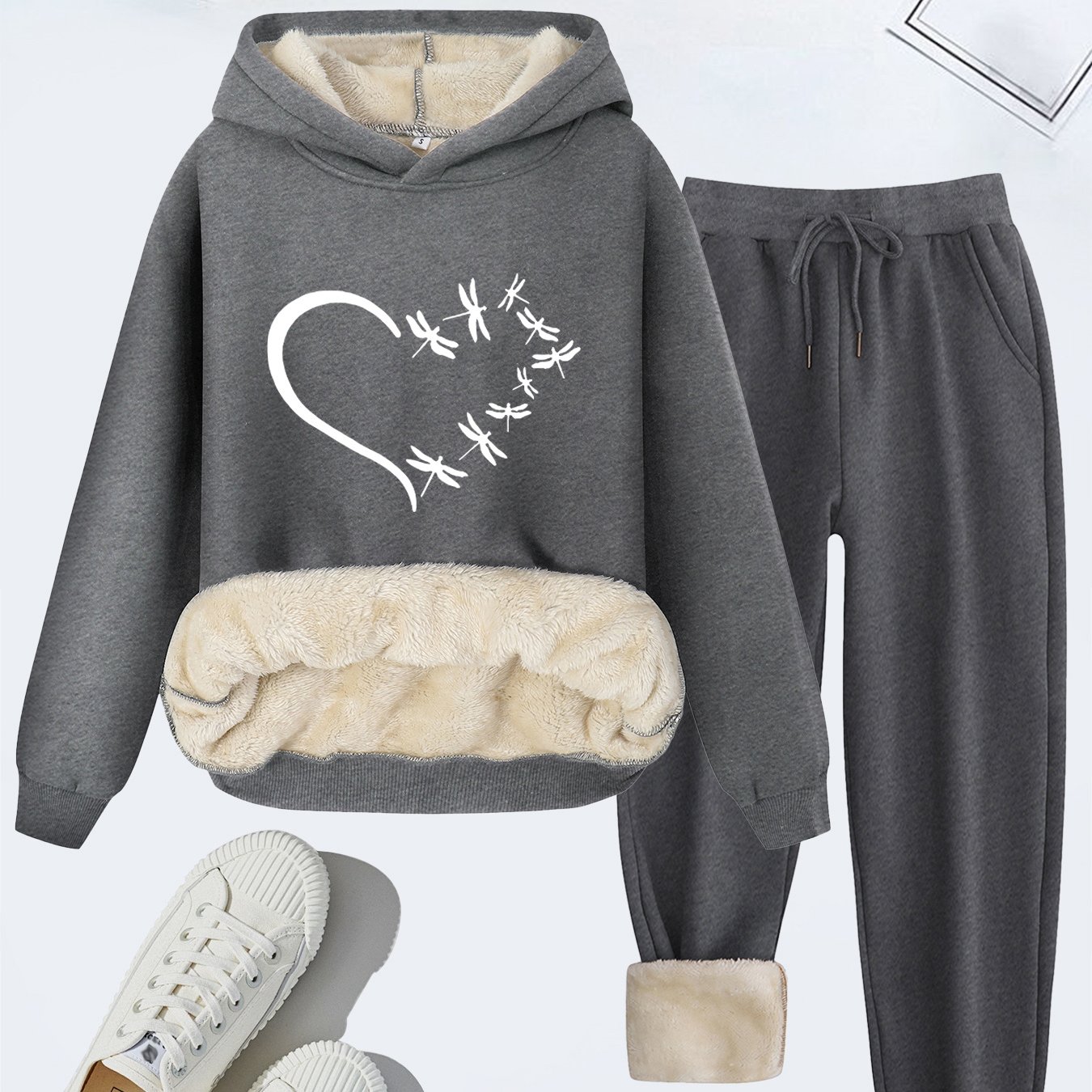 TEMU 2026 Daily Comfortable Autumn And Winter Casual Women's Clothing Set With Heart & Dragonfly Print, Fleece-lined Thick Hoodie With Drawstring And