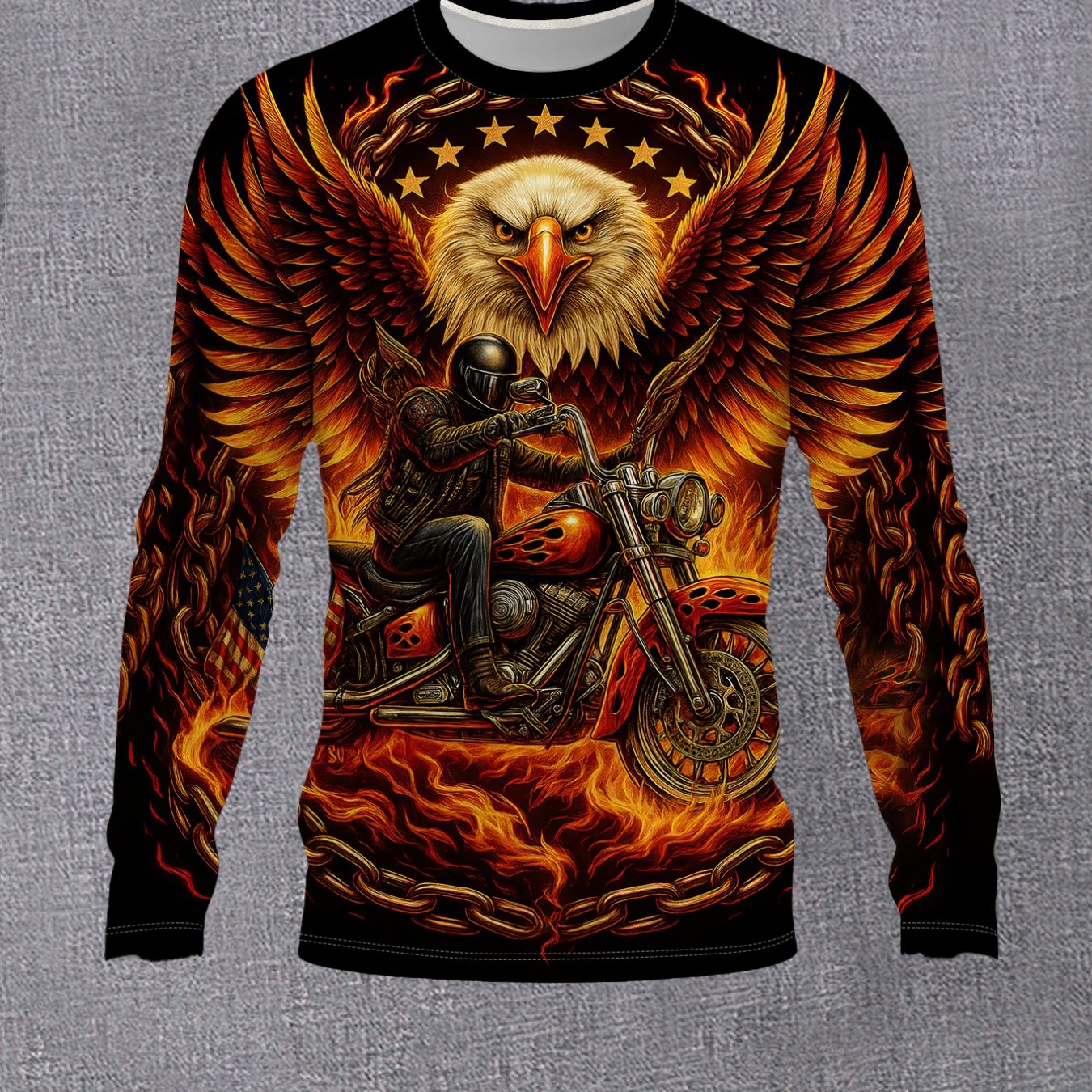 TEMU Men's Crew Neck Long Sleeve T-shirt With Cool Eagle And Flame Pattern Print Stylish Biker Graphic Casual Fashion Top