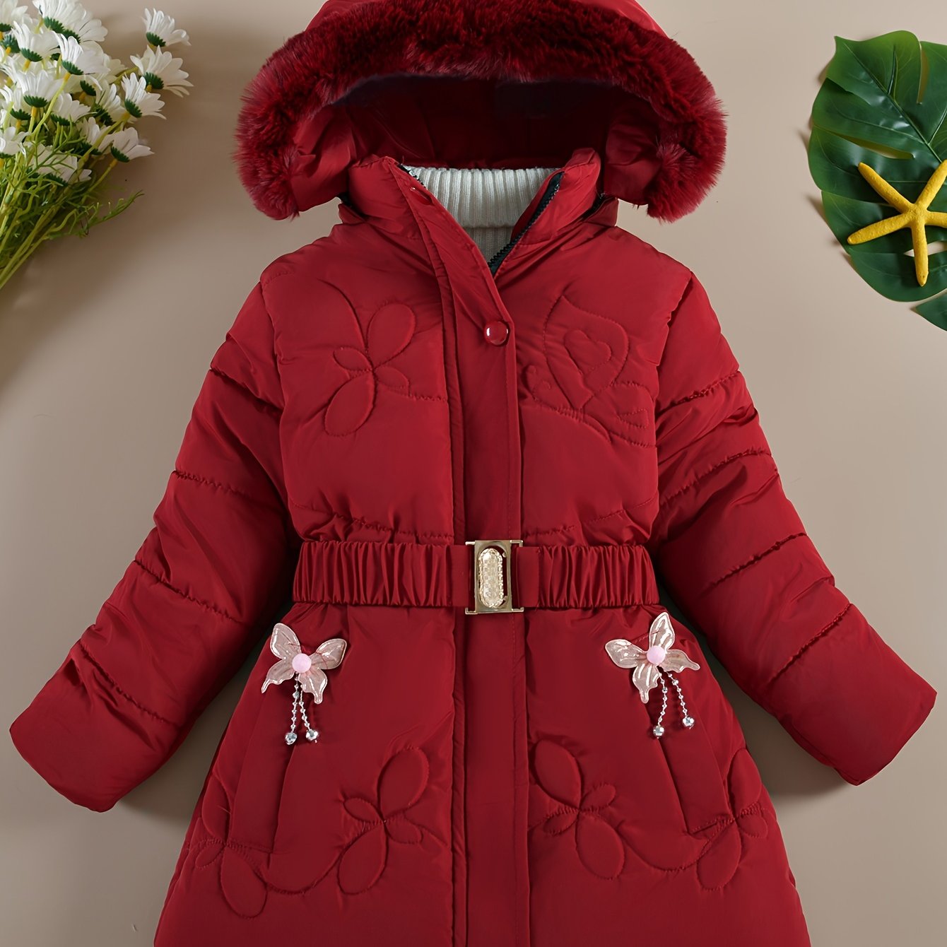 Girls' Casual Fashion Belt Removable Plush Hat Coat Jacket Winter 1pc
