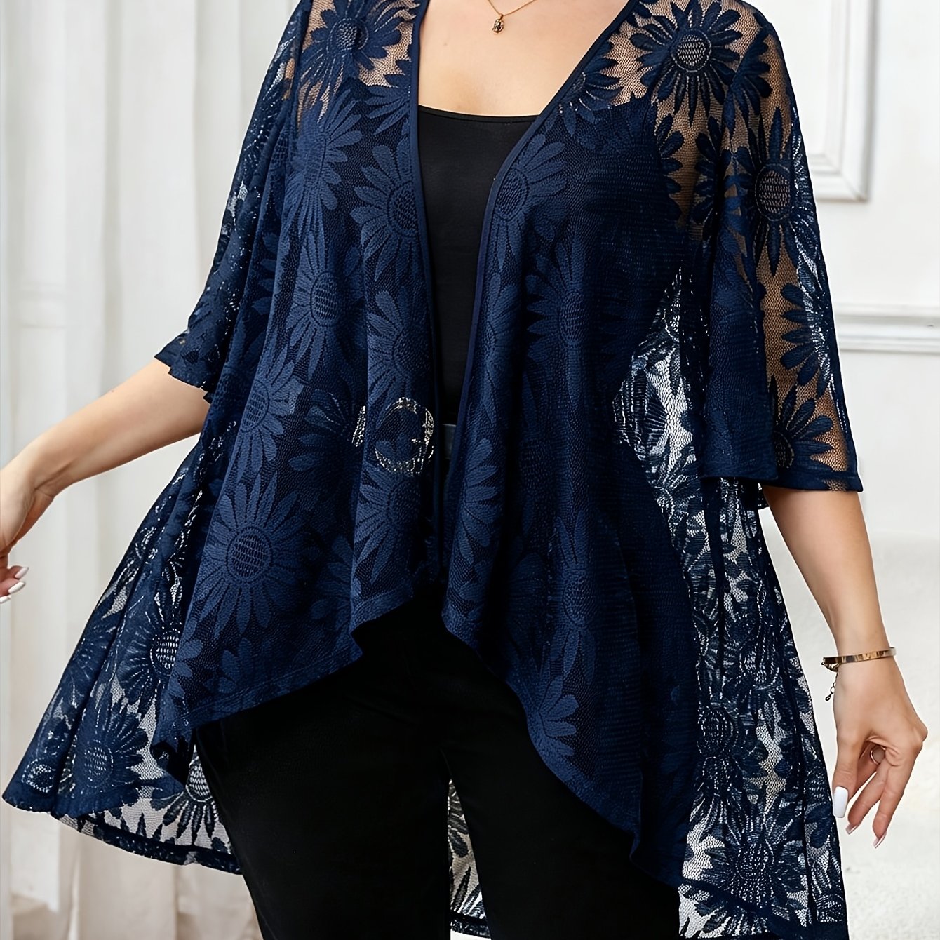 TEMU Plus Size - Summer New Plus Size Solid Color Lace Flower Embroidery Sheer Loose Cardigan Valentine's Day/ramadan/easter Elegant And Exquisite