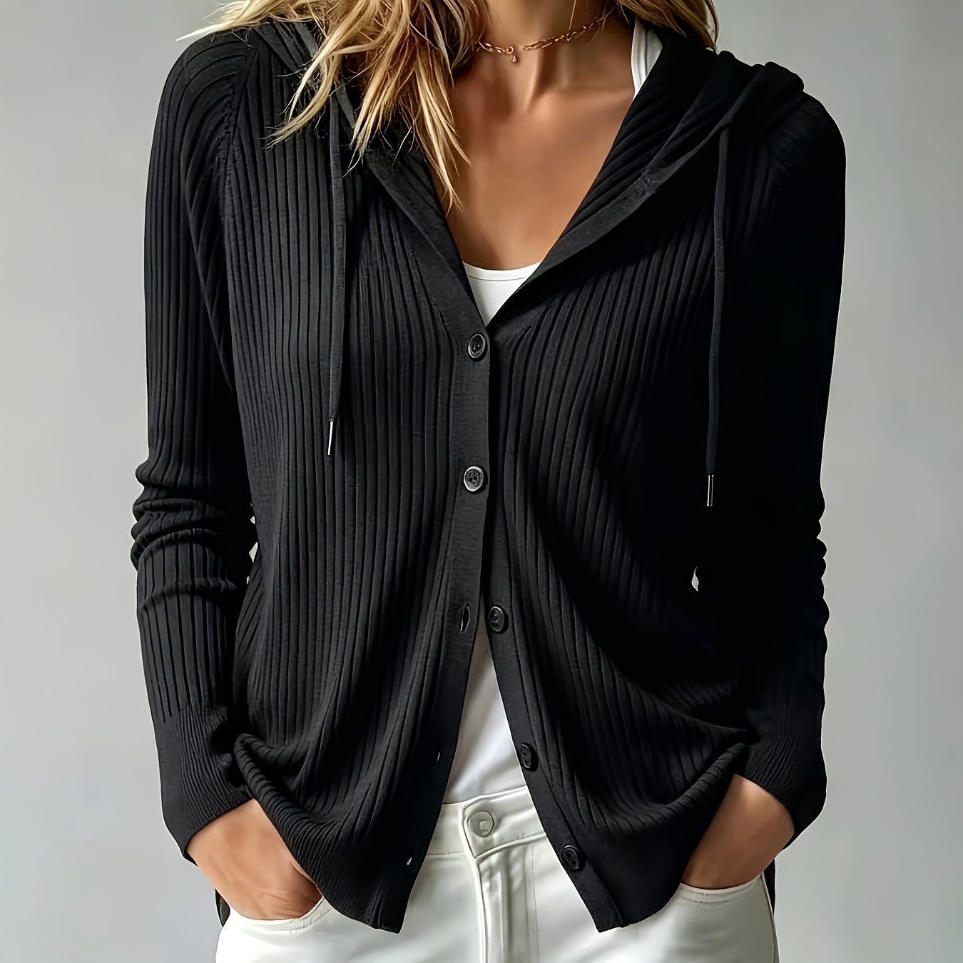 Image of 2026 Autumn/winter European & American- Women's Hooded Button-up Cardigan | Soft Ribbed Long-sleeve Sweater Jacket | Casual & Versatile Fashion Layering Top For Fall And Winter