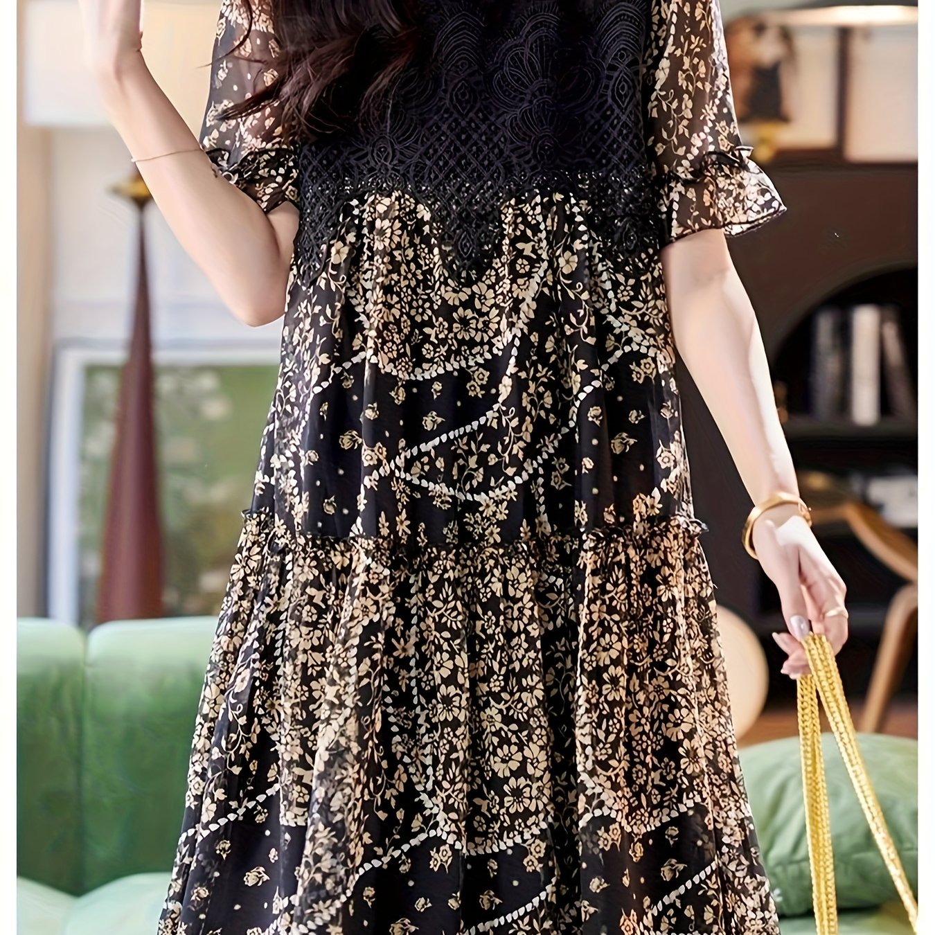 E-shop Plus Size - Plus Size - Rundhals Spitzen Patchwork Druck Kurzarm Kleid Sommer Lockerer Stil Midi Chiffon Rock Damen