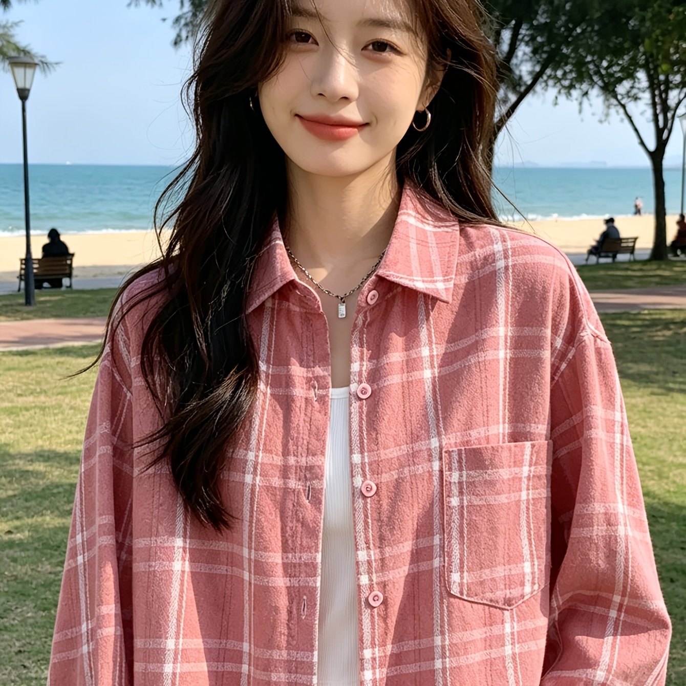 TEMU 여성용 간편 긴팔 체크 셔츠, 캐주얼 루즈핏 탑 여성 의류, 데일리 아우터 재킷, 사계절에 적합한 부드러운 질감