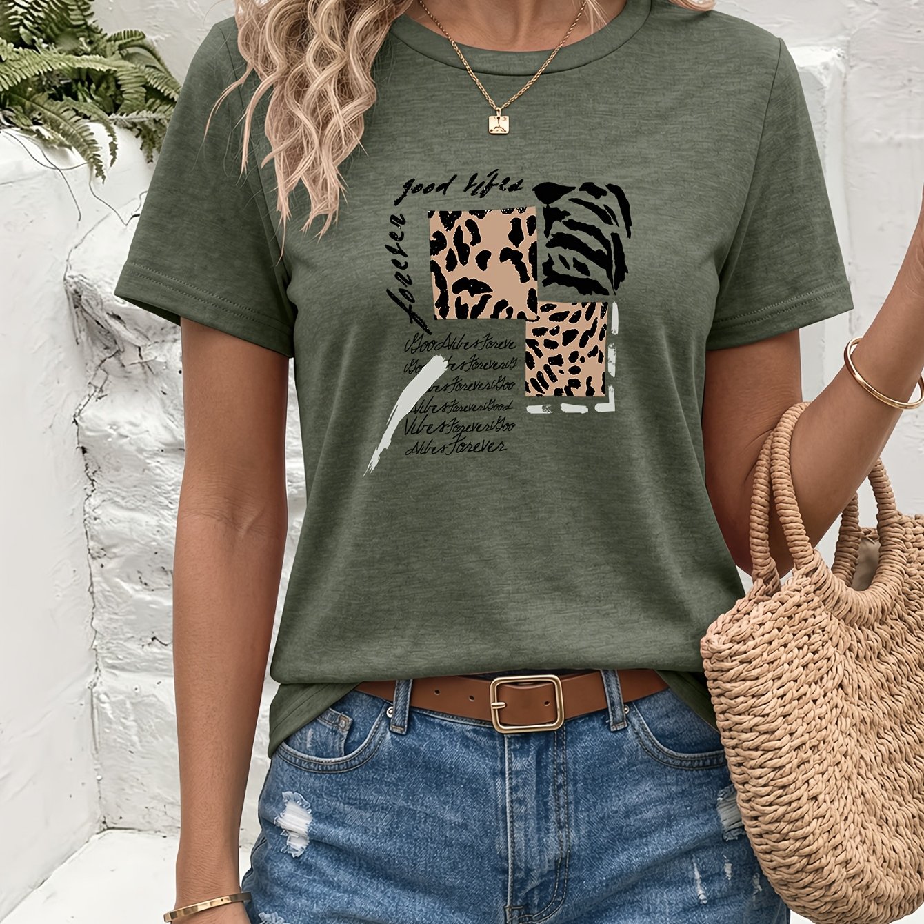 TEMU Leopard And Zebra Print Hand-written Slogan Pattern Round Neck T-shirt, Soft And Comfortable, Summer Round Neck Fashion Tee, Casual