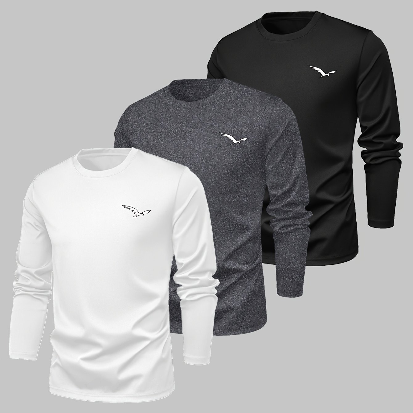 Men's Plus Size Round Neck Long Sleeve T-shirt 3pcs Set, Plus Size T-shirts Black White Gray 3-