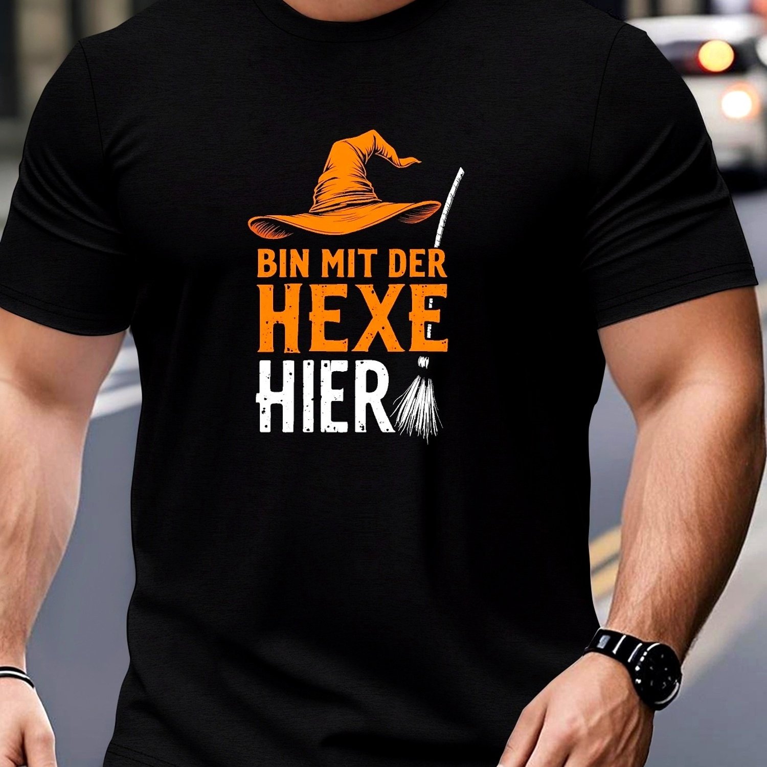 Plus Size Men's German Witch T-shirt- Bin Mir Witch Retro German Text Tee- Black With Orange Print- Casual Round Neck Shirt- Machine Washable Able For Halloween Casual Attire, German Language Apparel