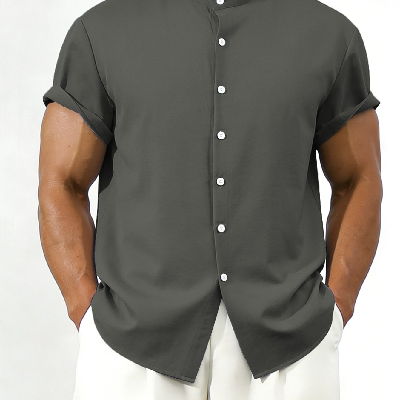 TEMU Plus-size Men's Casual Short-sleeve Shirt With A Stand Collar, Made From Fabric. Lightweight, Breathable, And In A Solid Color With A Regular