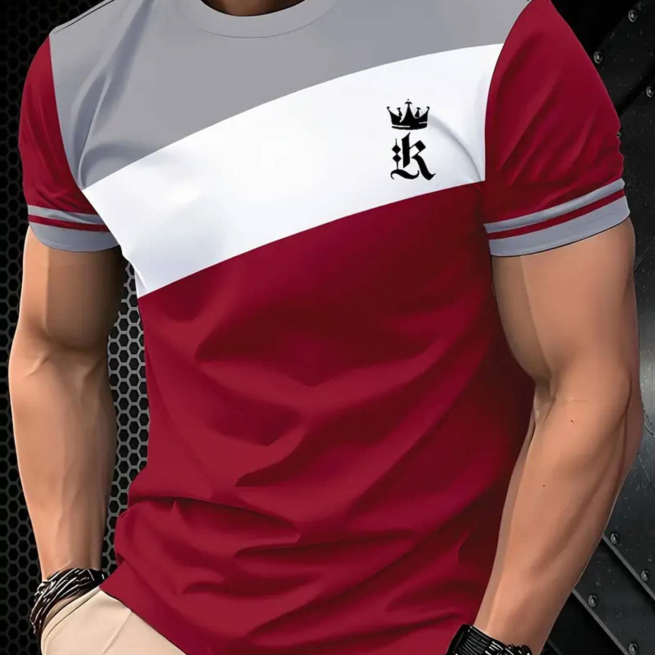 TEMU T-shirt à manches courtes décontracté pour homme - Haut à col rond avec motif patchwork tricolore, imprimé de lettres couronne, confortable et