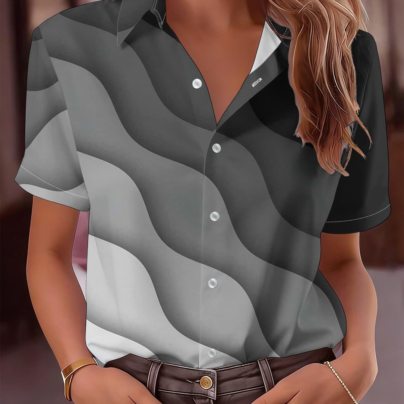 TEMU Women's Short-sleeve Shirt, Summer Regular Style Daily Top, Printed Blouse With Black-gray-white Gradient Wave Pattern, Layered, Simple And ,