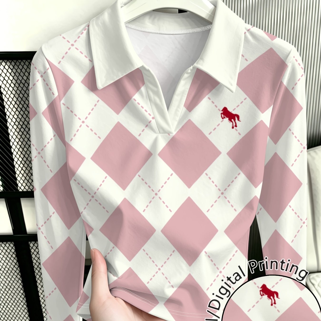 TEMU Pink Diamond-pattern Women's Long Sleeve Polos, Stylish Easy And Versatile Tops For Daily Leisure Outfits, Trendy Designer Niche Pieces That Are