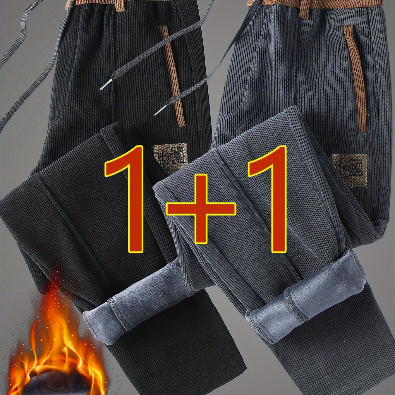 TEMU Two-pack Of Men' Straight Casual Pants With Velvet And Thickening, With Waistband And Drawstring