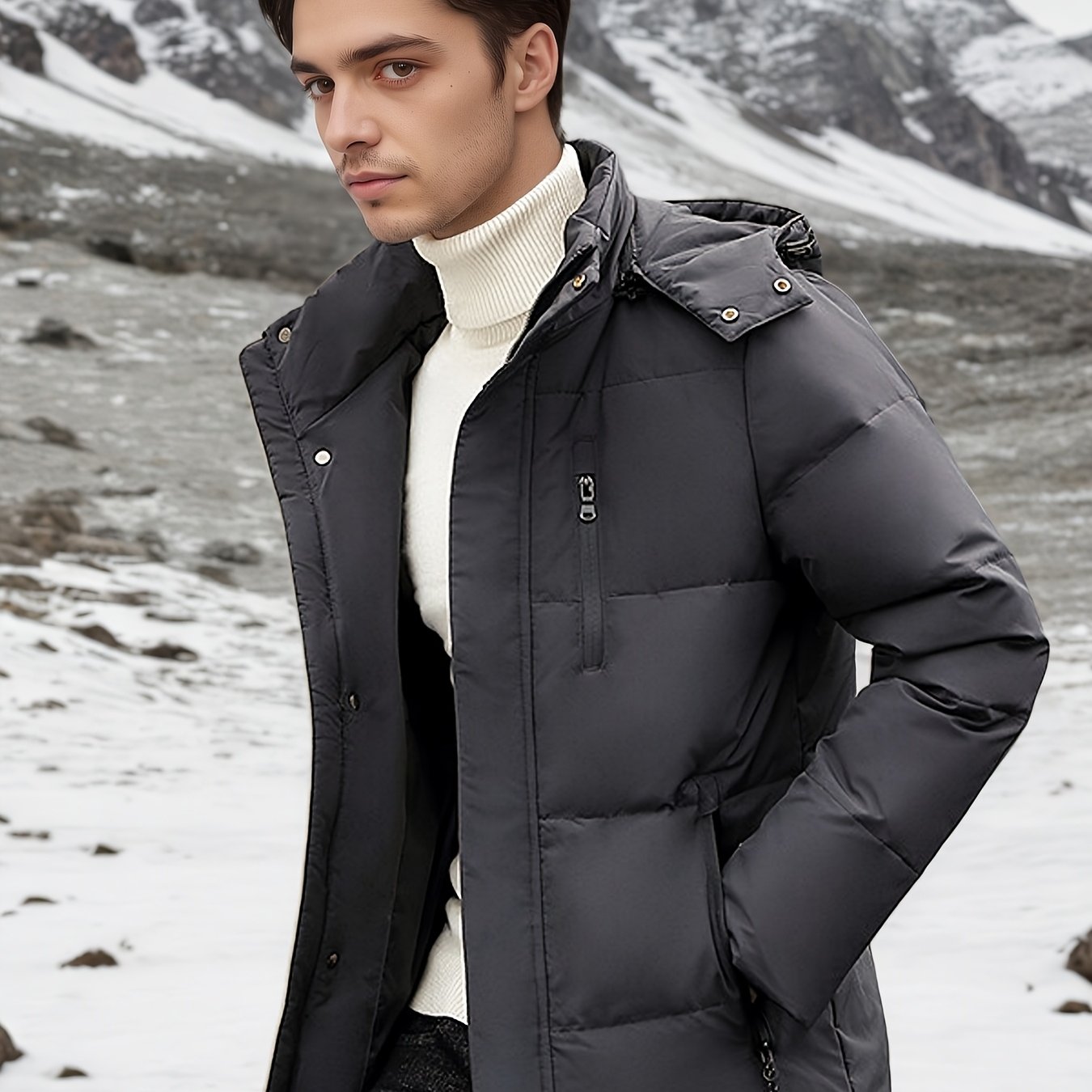 Jennine.wang Men's Hooded Warm Down Jacket, Multi Pocket Design
