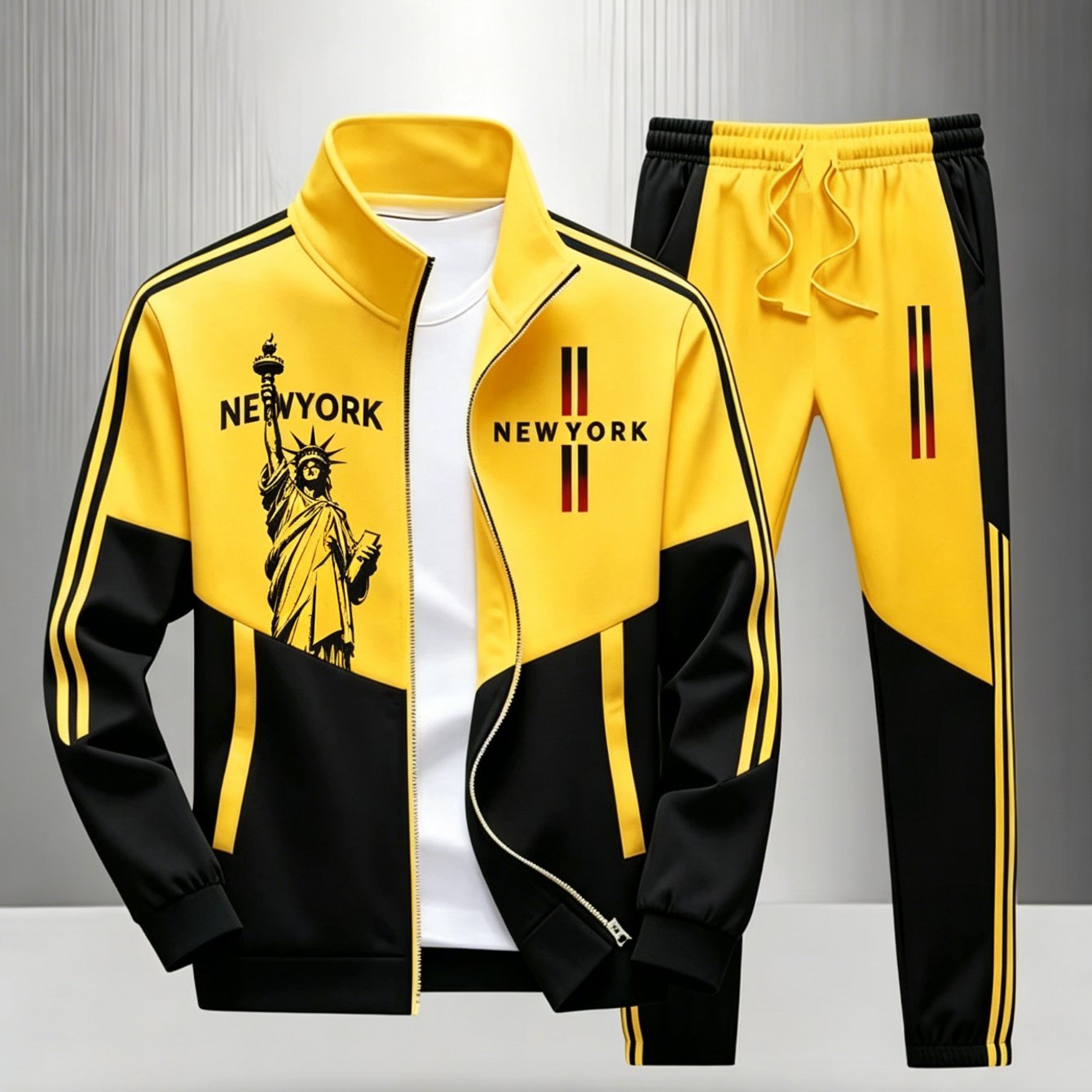 Image of New Style Men's Casual Two-piece Tracksuit Set Yellow And Black Color Block With Statue Of Print Stand Collar Jacket And Pants Plus Sizes For Spring And Autumn Daily Wear