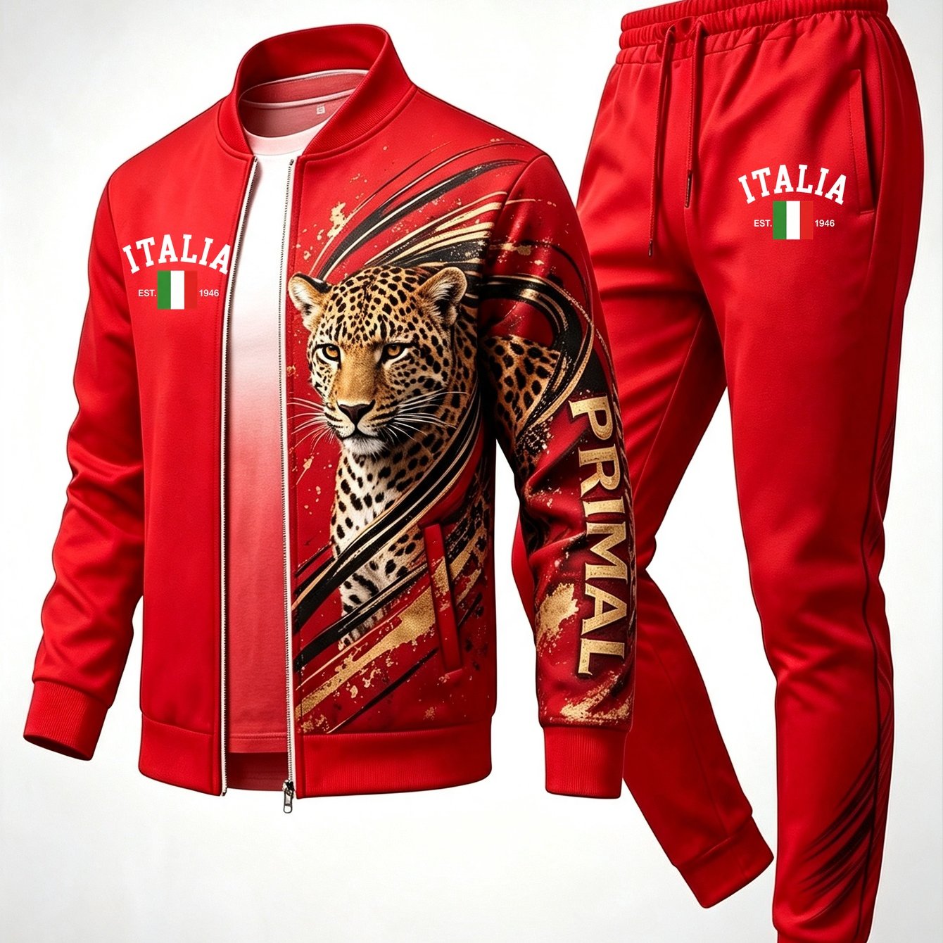 Image of Men's Fall Winter Stylish 2pcs Tracksuit, Stand Collar Top And Pants, Mixed Tone Animal Portrait Print, Casual Sportswear