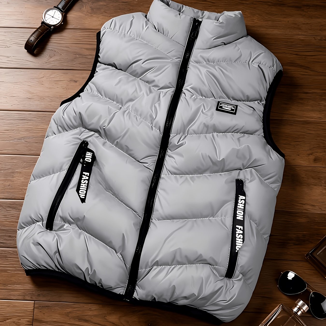 TEMU Men's Thickened Thermal Vest - Full-zip Winter Jacket With Collar And Zippered Pockets - Full-length Zipper Closure - Full-zip Outerwear For