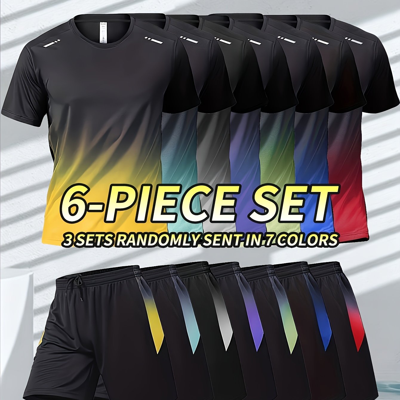 TEMU Send 3 Sets, Men's 6pcs Sportswear Series, Gradient Color Quick-dry Short-sleeve T-shirt And Shorts Set, Breathable Fitness Running Gym