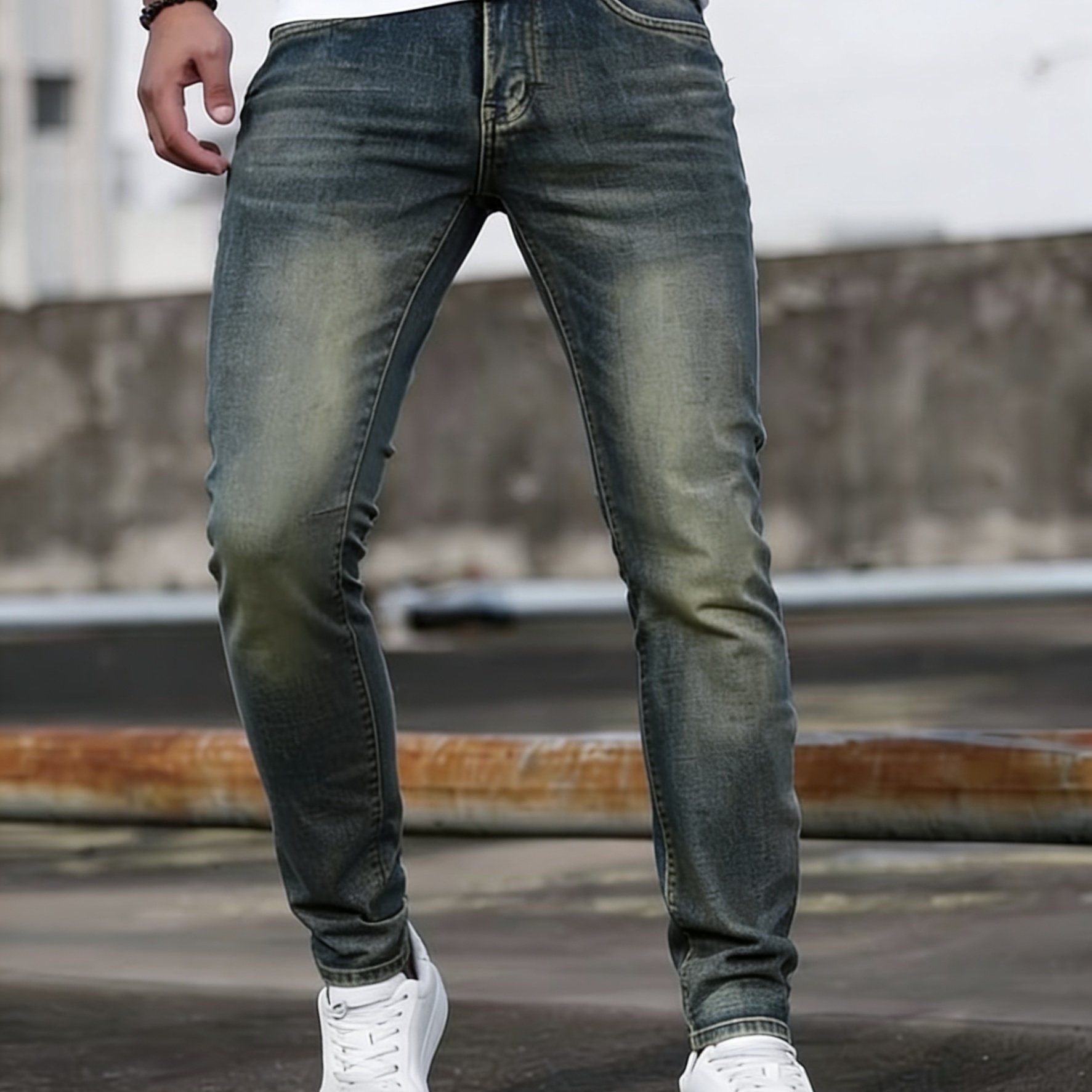 Men's Elastic Washed Denim Jeans, Men's Retro , No Belt Button Closure, Suitable For Casual And Formal Occasions