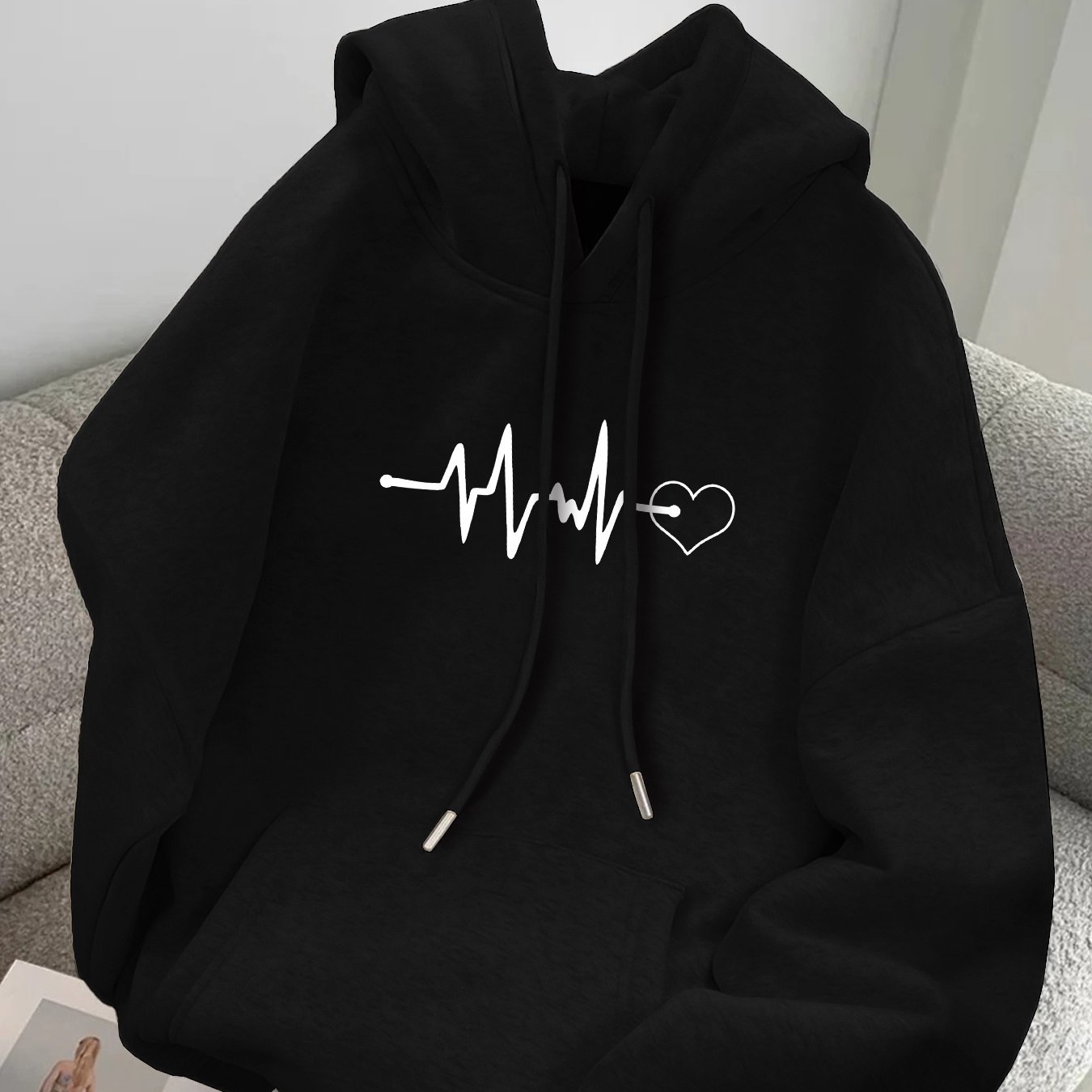 TEMU Casual Hooded Sweatshirt With Heartbeat Curve Design