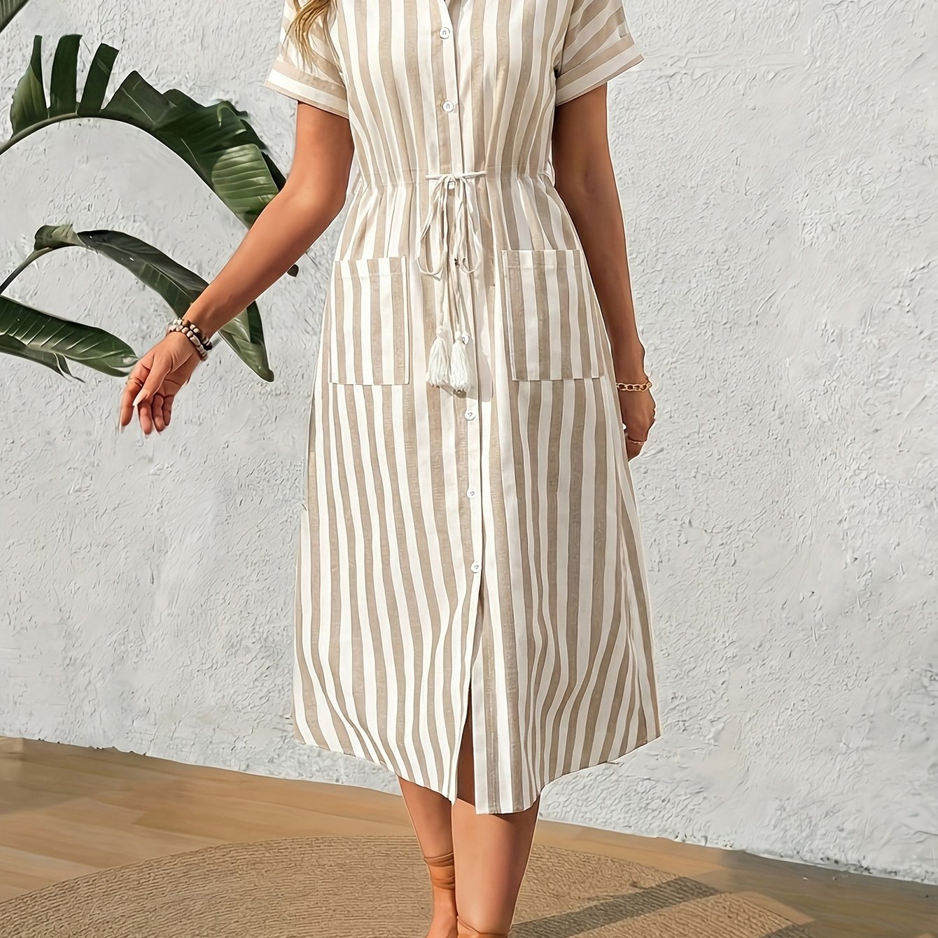 TEMU Elegant Directional Stripe Long Drawstring Fashion Patch Pocket Dress Shirt Coat