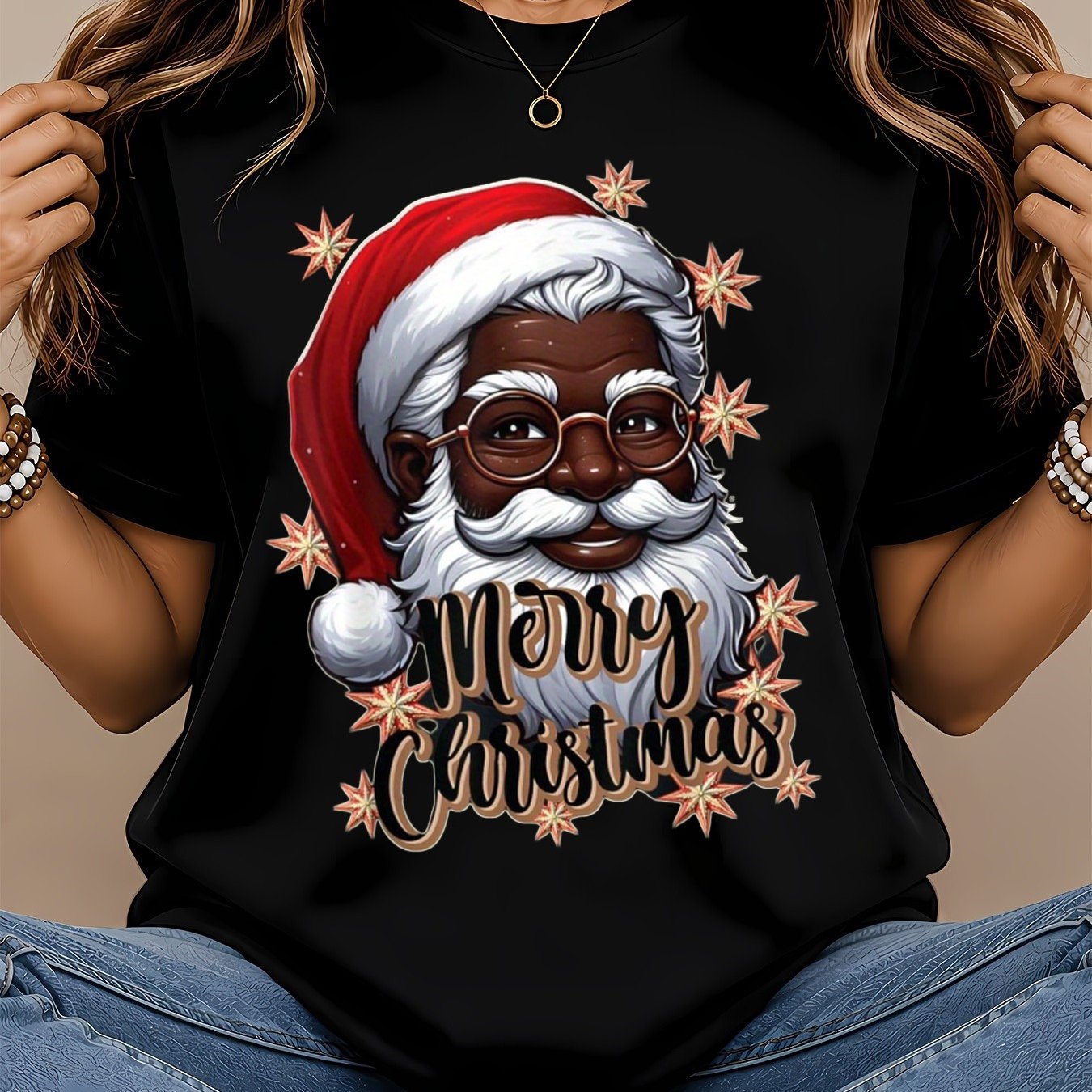TEMU Plus Size Women's T-shirt - Comfortable African American Santa Claus Tee, Heavyweight Retro Unisex Casual Christmas Pajamas For Men Women Family
