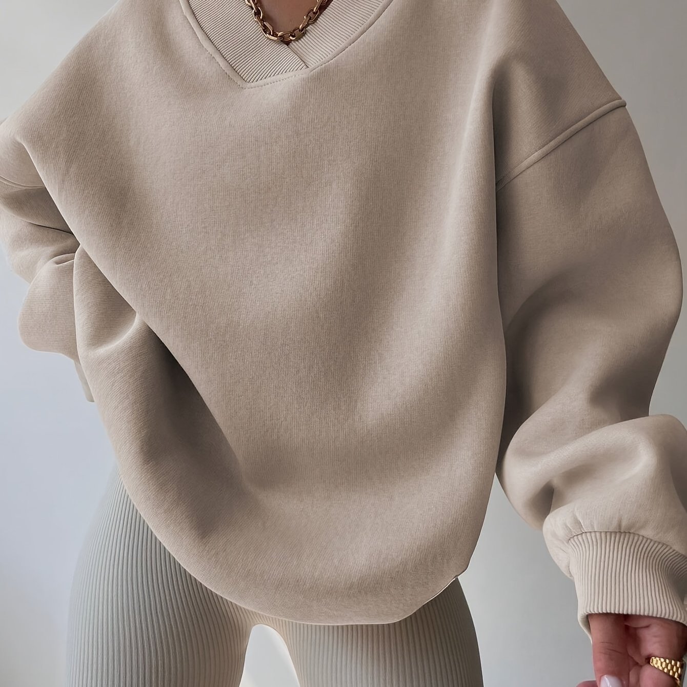 TEMU Solid Color Pullover Sweatshirt, Casual Long Sleeve V Neck Sweatshirt For Fall & Winter, Women's Clothing