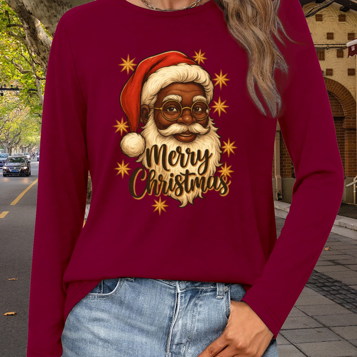 TEMU African Christmas Printed Women's Long-sleeved, Breathable, Women's Wear, Casual Long-sleeved T-shirt, Patterned Printed Round-neck T-shirt