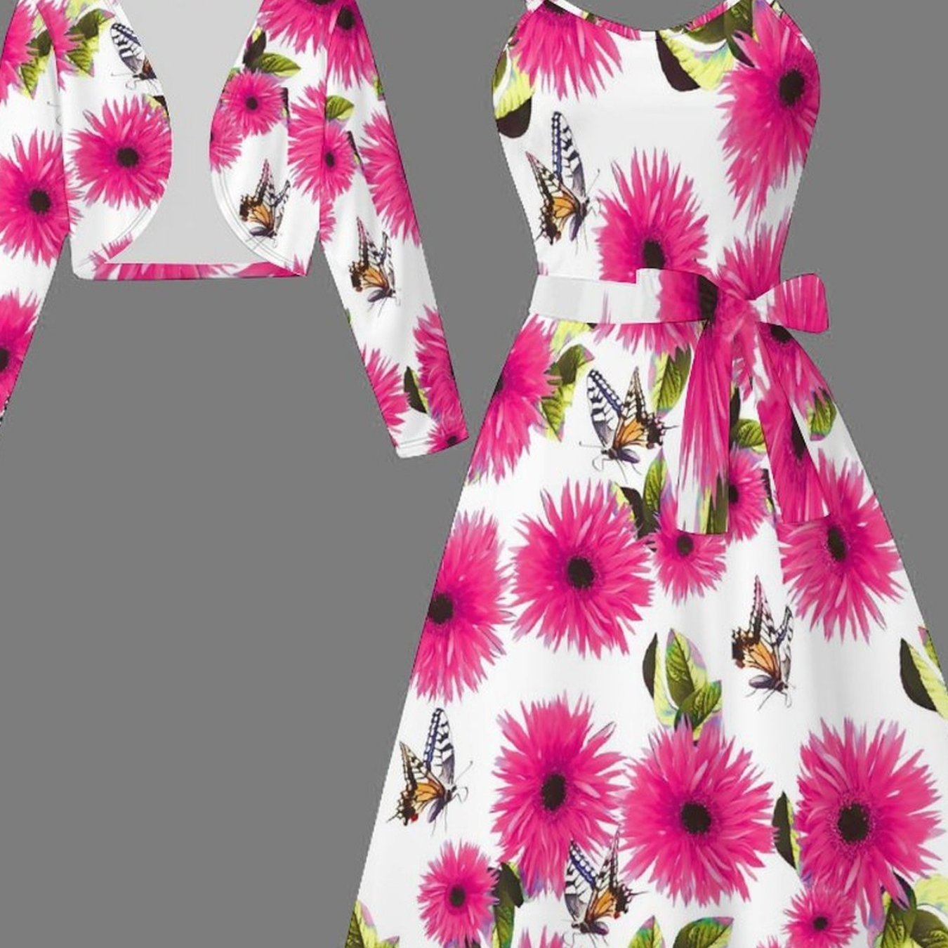 TEMU Directional Dyeing 's Numbered Set - Floral Tree Pattern Print Fashionable Vacation Elegant Casual Half-body Coat   Dress Set. Suitable For