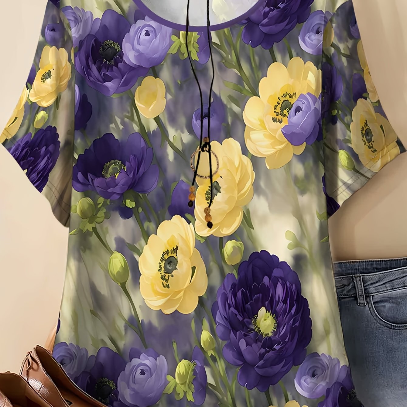 TEMU Plus-size Women's Purple And Yellow Floral Printed Short-sleeve T-shirt, A Loose-fitting Round-neck For Summer And Versatile Fashion