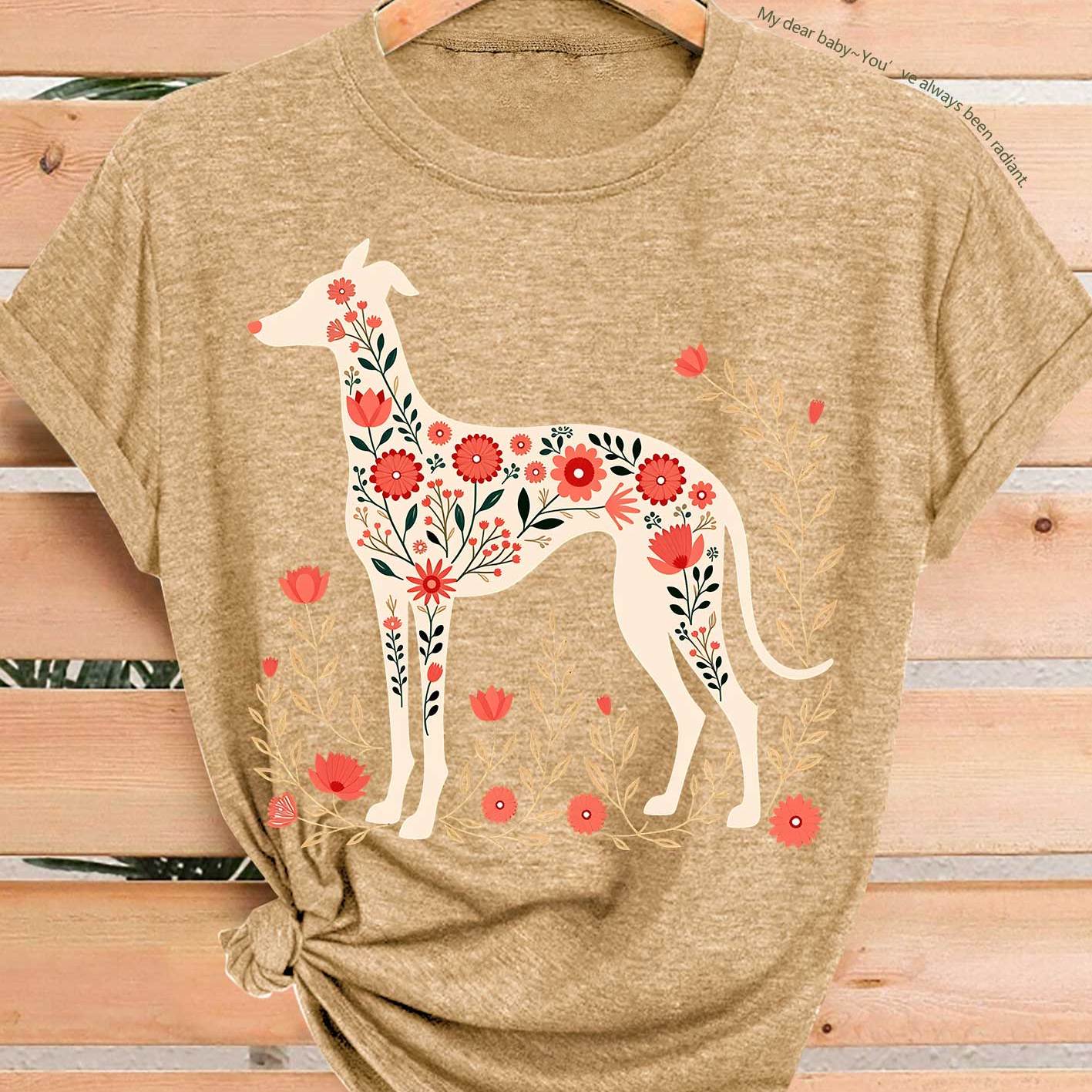 TEMU Summer New T-shirt Women's Floral Greyhound Outing Vacation Summer Outing Outfit Spring Summer Fall Elegant Retro Style Loose Fit Versatile