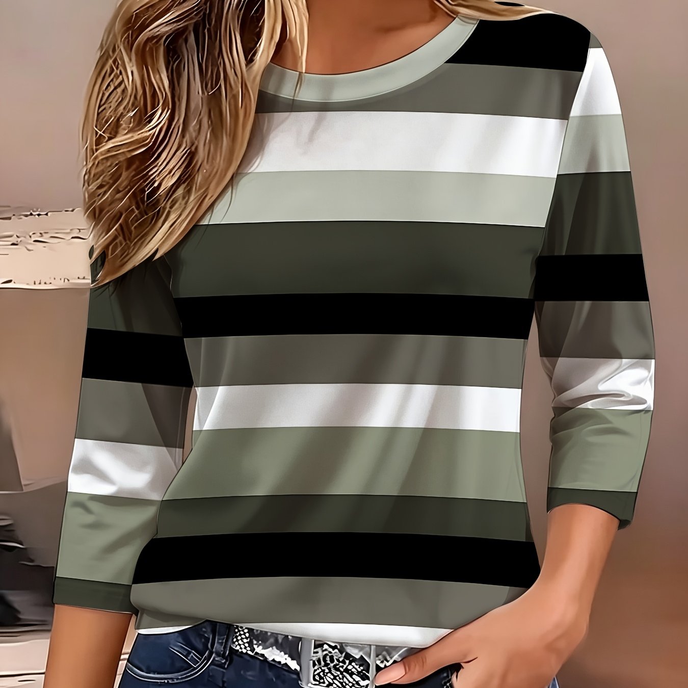 TEMU Women's Fashion Spring Summer New Women's Clothing, Striped Color-block Printed Round Neck Three-quarter Sleeve, Loose Casual Top Base T-shirt,