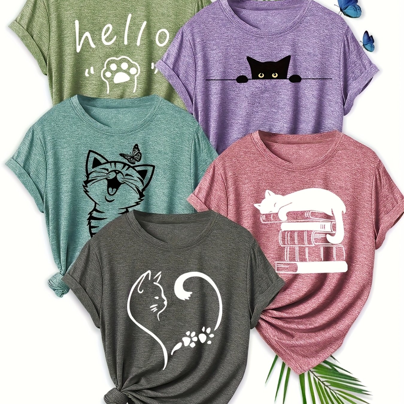 Image of 5pcs Set Of Cat-themed Printed Stylish Women's Short-sleeve Round Neck Clothing