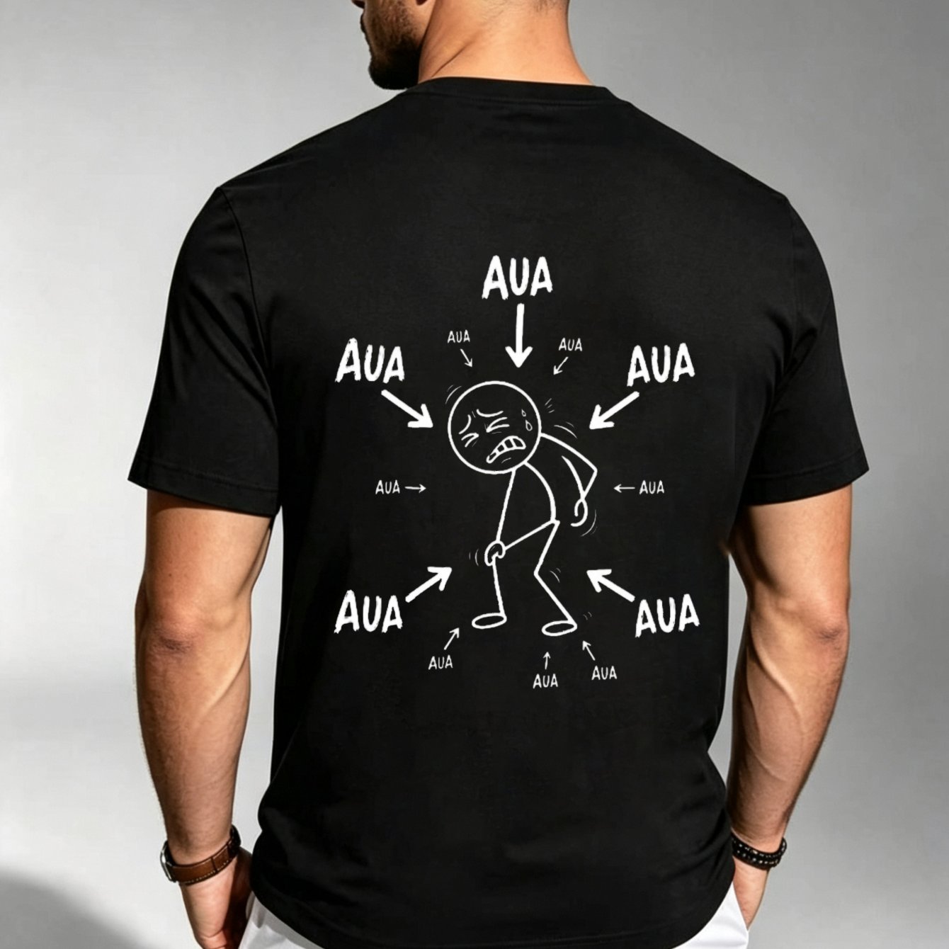 Image of Men's Funny Aua Pain T-shirt With Chalk Arrows - Humorous Body Ache Doodle Suitable For Gym, Office & Casual Wear, Machine Washable Gift For Pain Humor Lovers, Chalk-style Arrows Round Neck Tee For