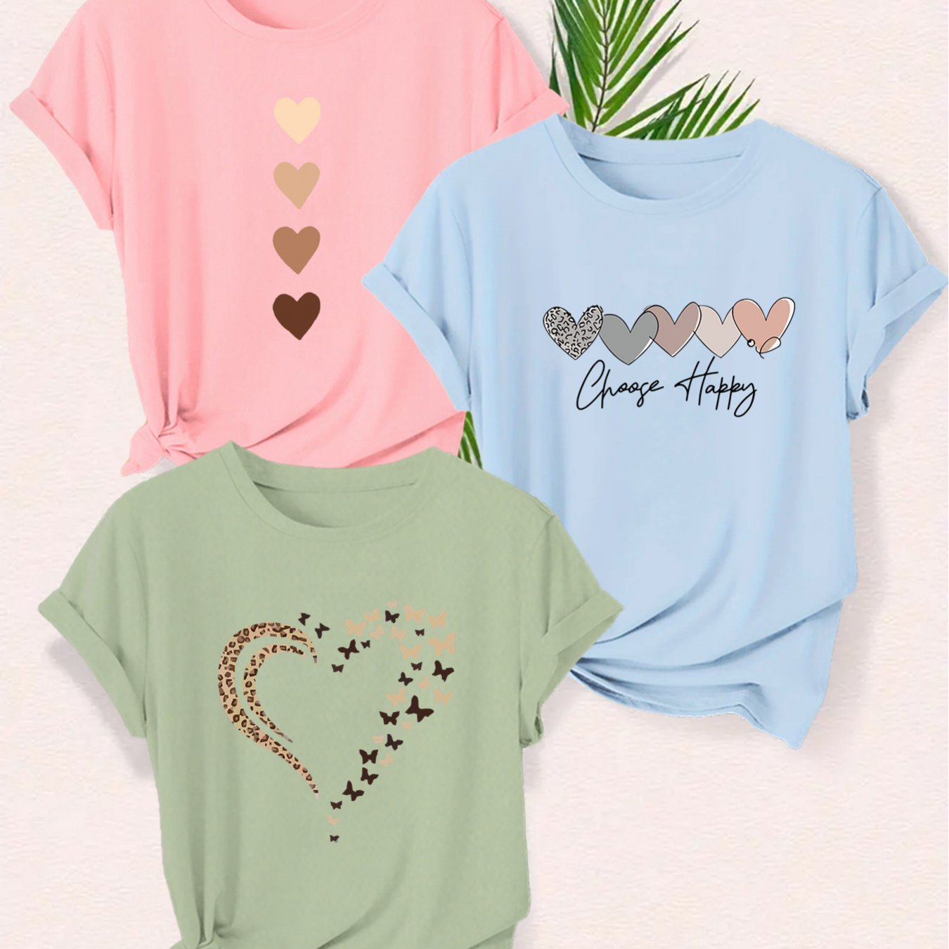 E-shop 3-teiliges T-Shirt mit Grafikdruck, kurzärmeliges Freizeit-Top mit Rundhalsausschnitt für Sommer und Frühling, Damenbekleidung