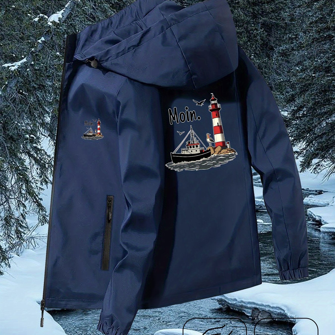 E-shop Herrenmode Neuheit Jacke mit Schiff Meerlied-Druck, Reißverschlusstaschen, Leichter Winddichter Sportmantel, Kapuze mit Kordelzug –