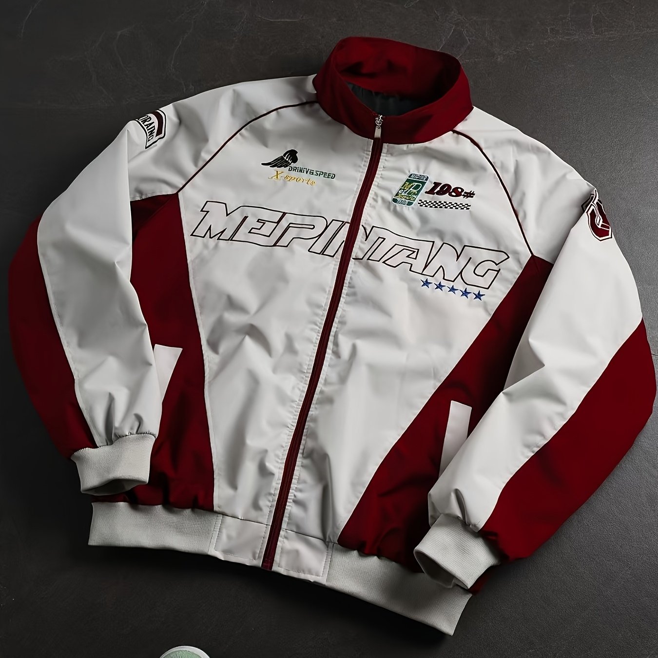 TEMU Men's Retro American Trendy Jacket Colorblocked Collar Zipper Jacket Everyday Commuting Streetwear Item Embroidered Workwear Jacket, Autumn