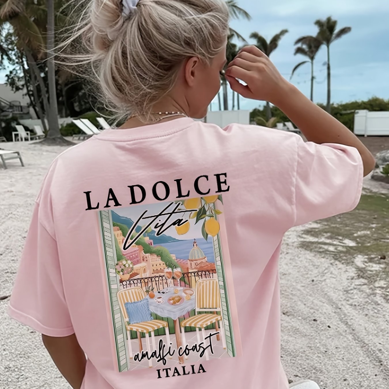 TEMU T-shirt pour femme avec scène de rue italienne - Haut à manches courtes et col rond sur le thème de l'Italie, compatible avec une blouse, adapté